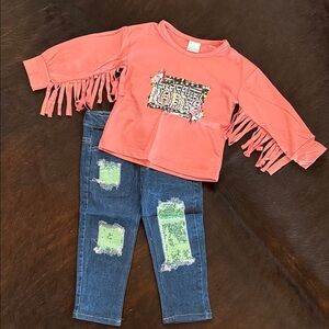 Fringe Sleeve Top and Distressed Jeans Set